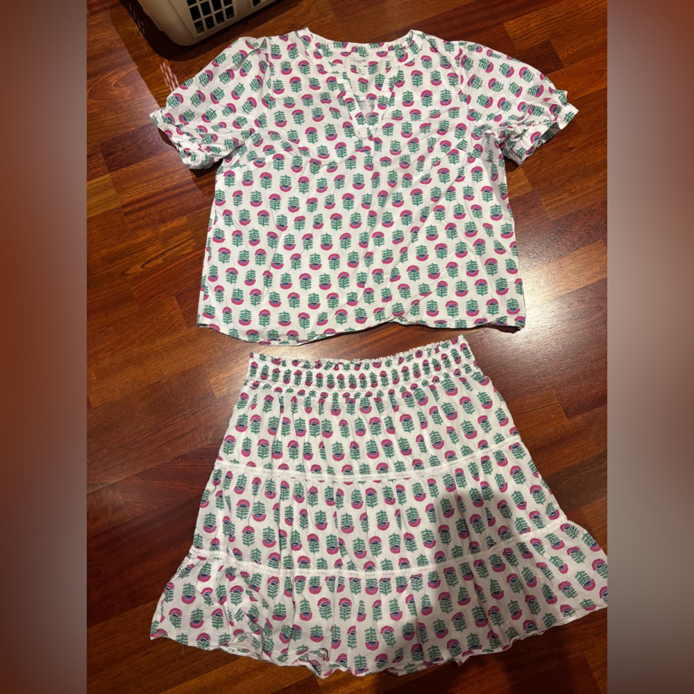 J. Crew White Blouse and skirt with Pink Floral & Green Leaf Print- 2 piece